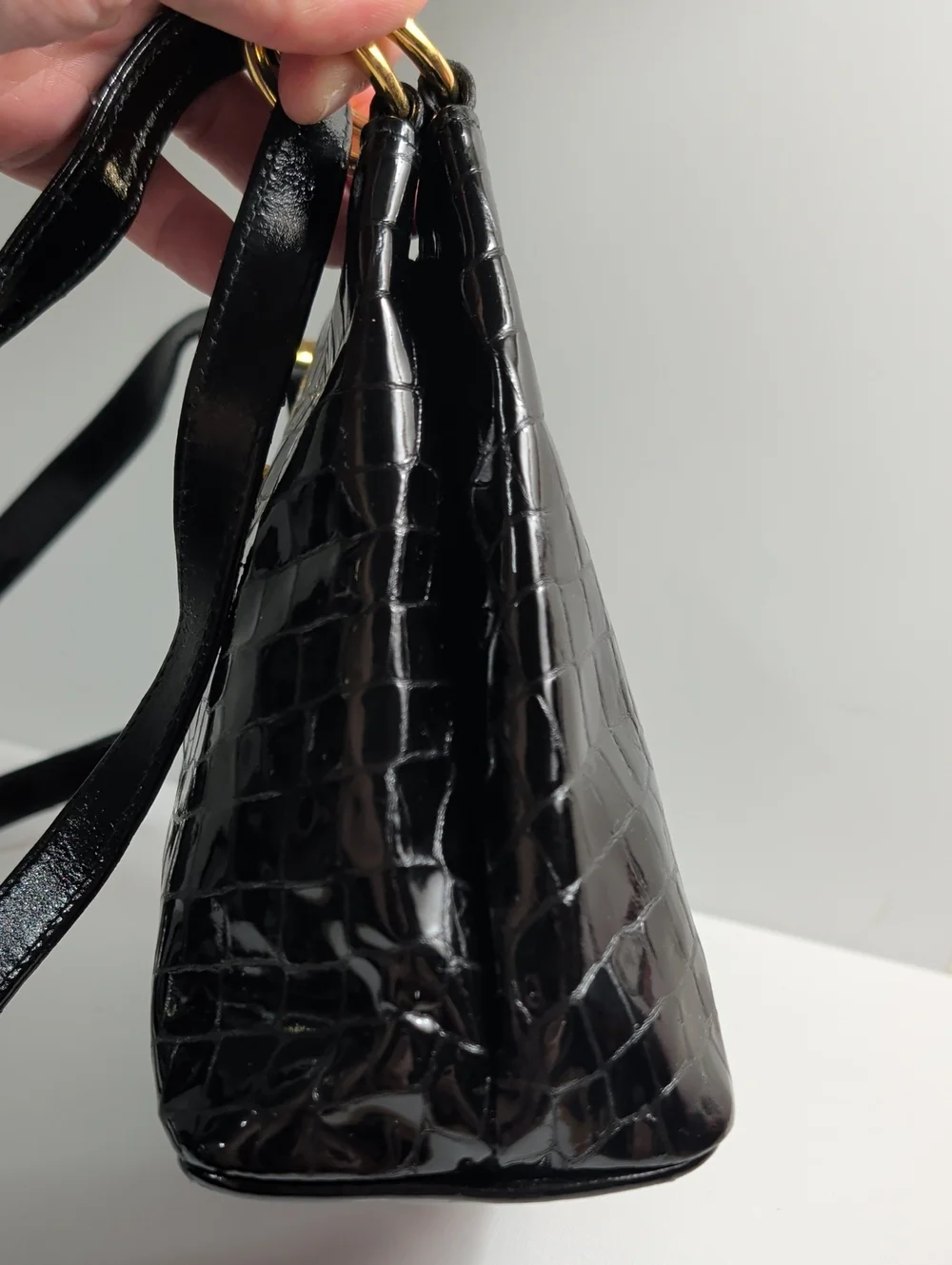 Vintage Paloma Picasso Black Alligator-Embossed Patent Shoulder Bag